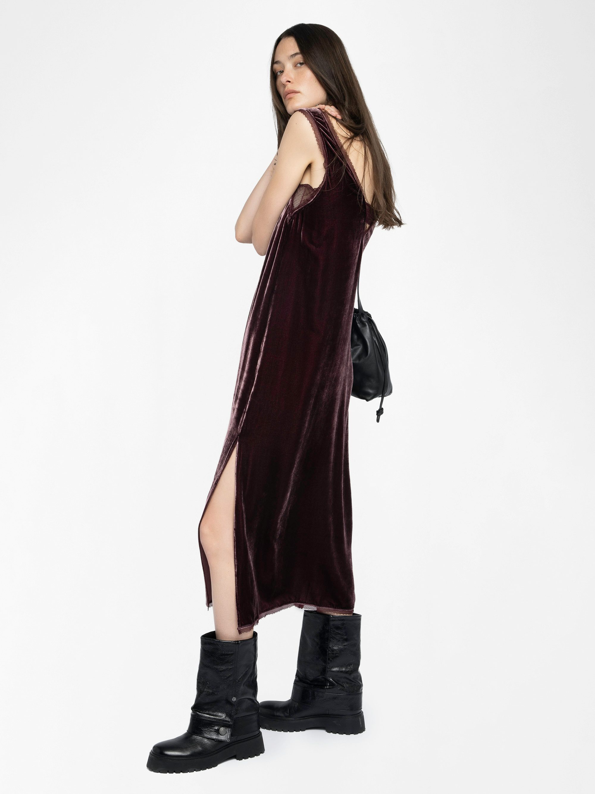 Renzo Velvet Dress - Long dress in plain velvet, lingerie spirit with French lace.